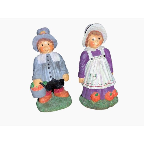 Thanksgiving Pilgrim Boy & Girl Figurine Set - Hand-Painted Resin Decor - Picture 2 of 9